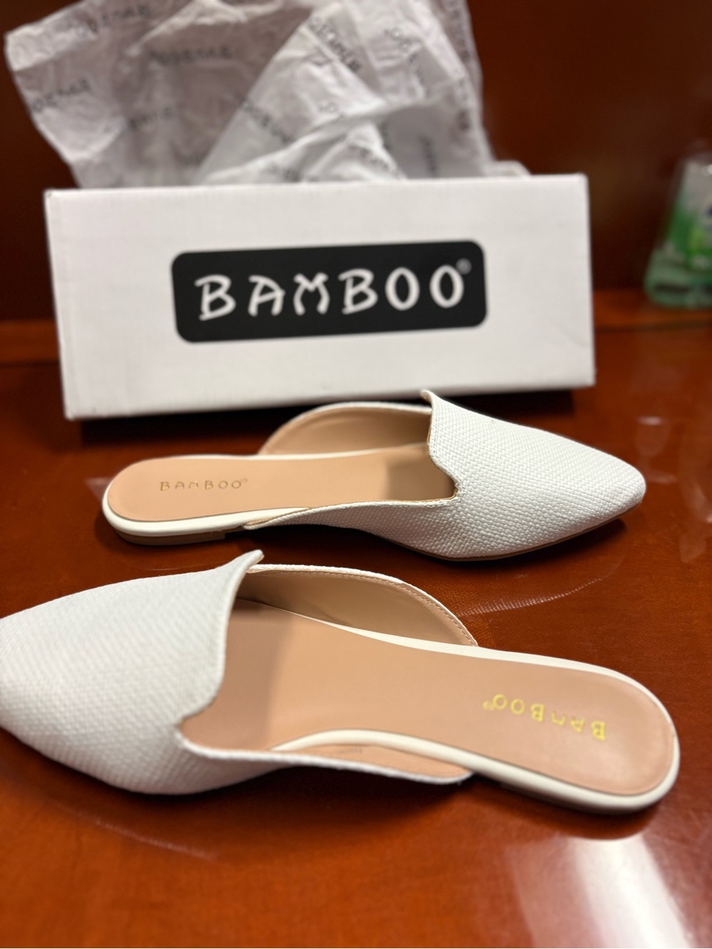 BAMBOO White Textured Pointed Slip-On Mules